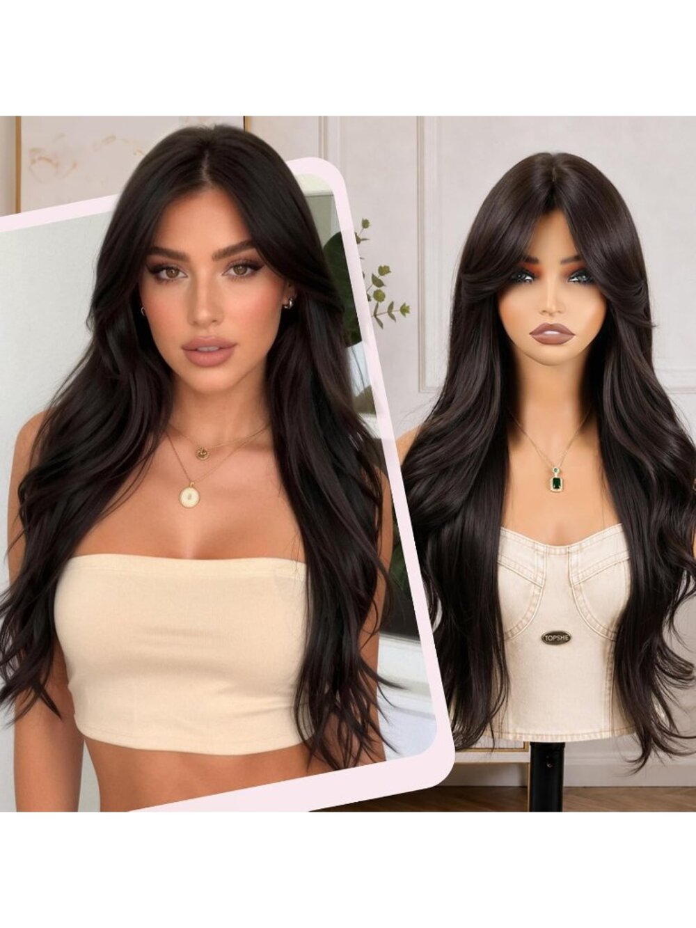 24 Inch Women's Fashion Natural Black Long Synthetic Wavy Curly Wig with Bangs